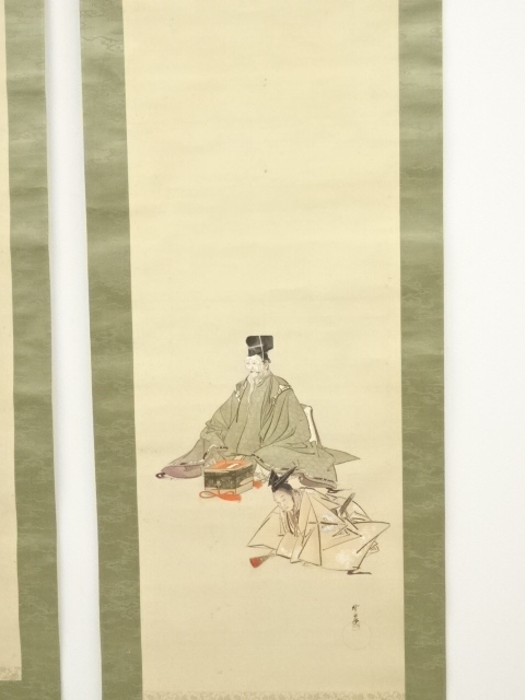 ys6710286; 河鍋暁翠筆 能絵 双幅 肉筆絹本掛軸（箱付）【道】